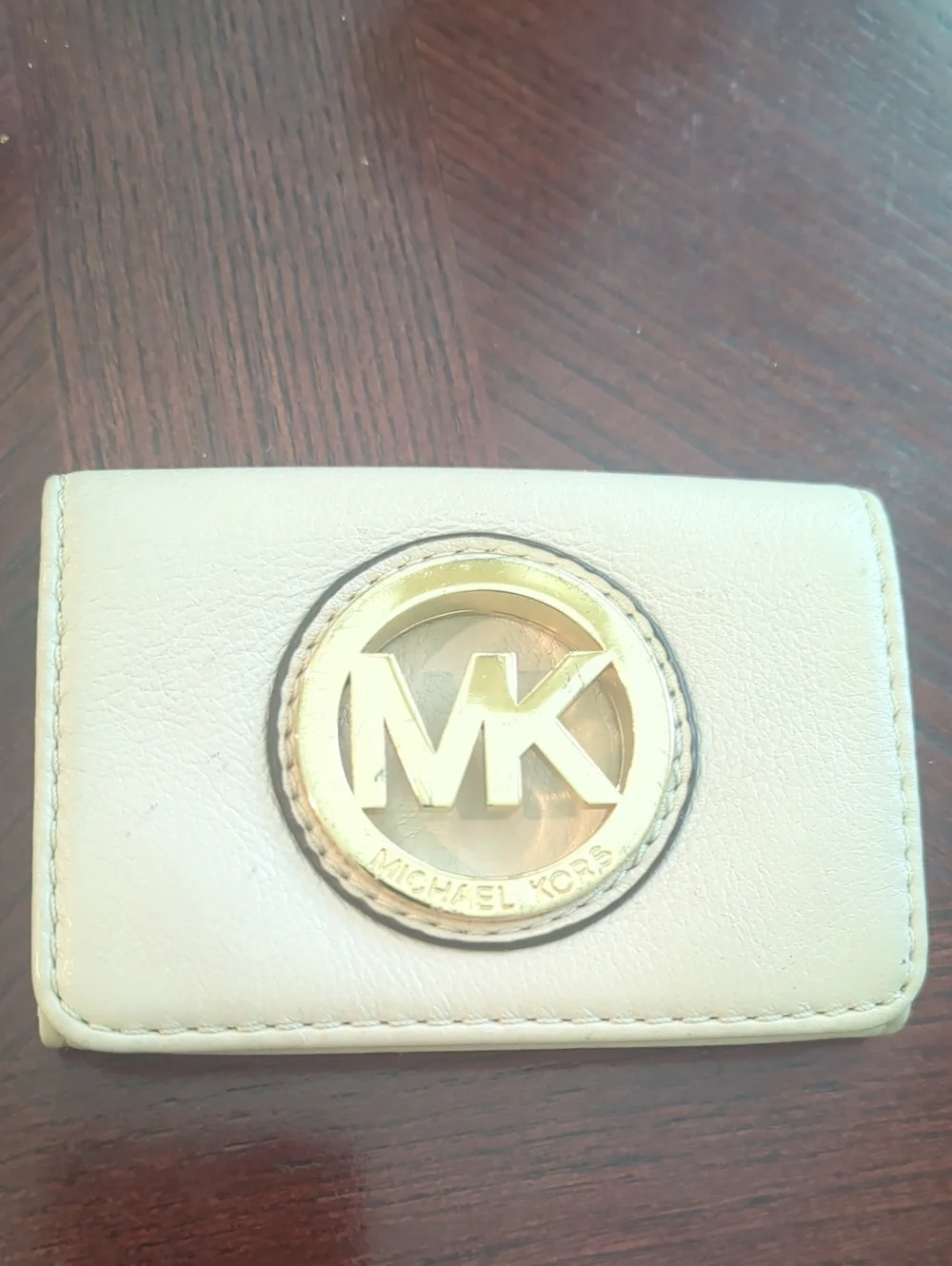 Michael Kors Cream Leather Card Case with Gold MK Emblem